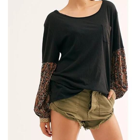 Free People Size Small Jade Top Floral Balloon Puff Long Sleeve Boho Cottagecore - Picture 1 of 8